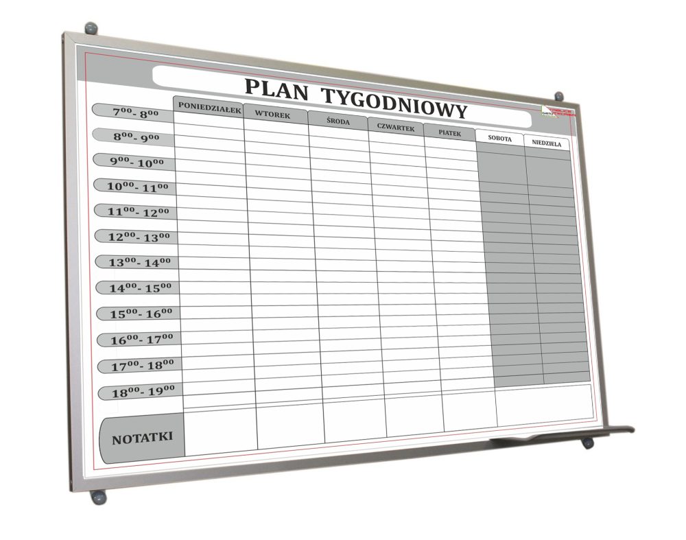 Tablica suchościeralna-magnetyczna planer tygodniowy 100x70 cm rama ALU - obrazek 1