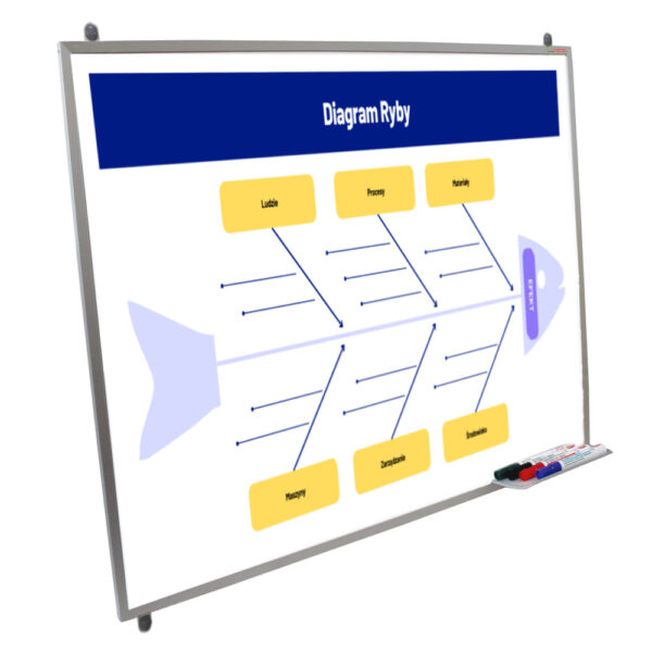 Tablica suchościeralna-magnetyczna z grafiką w ramie aluminiowej 150x100cm Diagram Ishikawy, Ryby