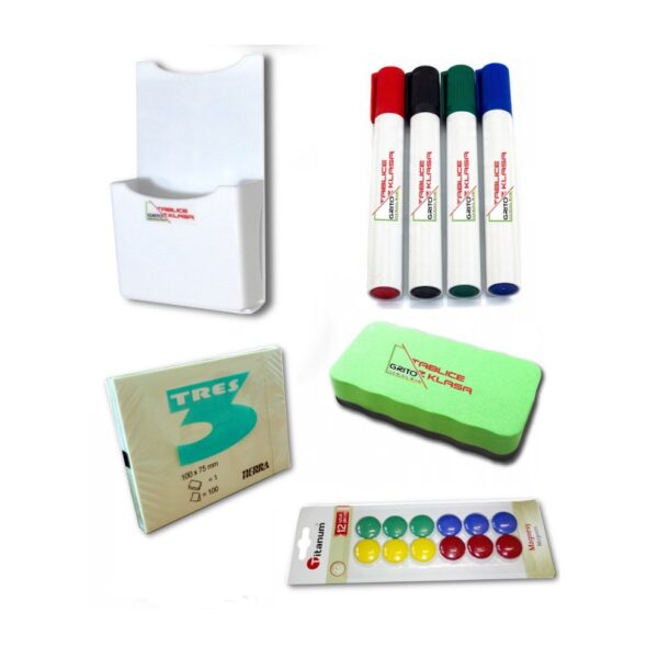 Zestaw startowy DUŻY Markery suchościeralne 4 sztuki, Gąbka magnetyczna, magnesy, holder, notes