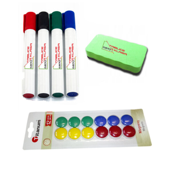 Zestaw startowy ŚREDNI Markery suchościeralne 4 sztuki, Gąbka magnetyczna, magnesy